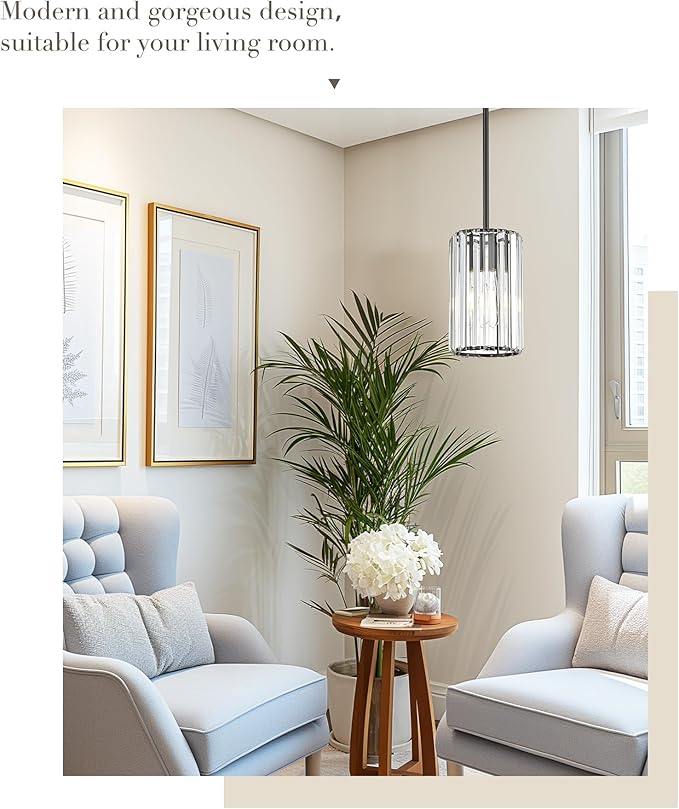 Crystal Pendant Light, Mini Chandelier with Matte Black Finish, Modern Hanging Light Fixture for Kitchen Dining Room Bedroom, CKPL5510-1P-BK