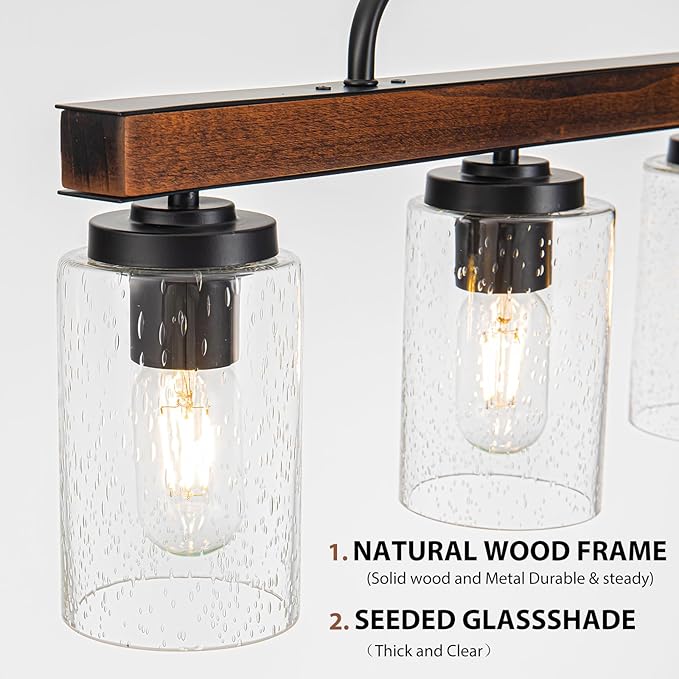 Farmhouse Dining Room Light Fixture, 4-Light Wood Kitchen Island Lighting, Industrial Chandeliers for Dining Room Over Table Black Pendant Light with Seeded Glass Shade for Bar Restaurant