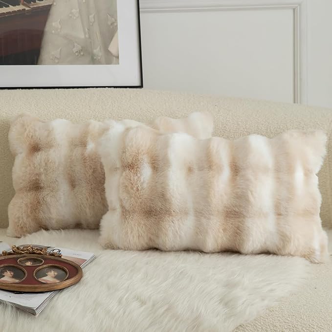 MANDIOO Pack of 2 Thick Plush Wool Decorative Throw Pillow Covers Super Soft Wave Bubble Fur Velvet Cushion Covers Pillow Shams for Couch Bed Living Room 12x20 Inch White Beige
