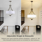 6-Light Brushed Nickel Chandelier 19.7" Modern Drum Chandeliers for Dining Room Light Fixture with White Fabric Shade Large Pendant Lighting for Kitchen Island Living Room Bedroom Foyer Over Table,E12