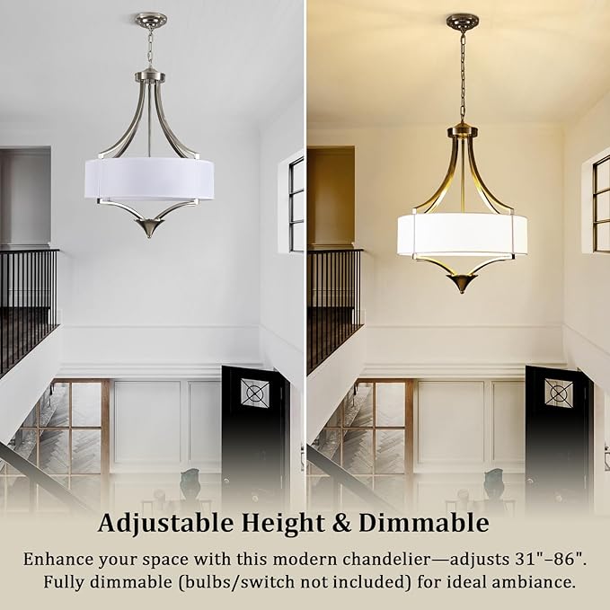 6-Light Brushed Nickel Chandelier 19.7" Modern Drum Chandeliers for Dining Room Light Fixture with White Fabric Shade Large Pendant Lighting for Kitchen Island Living Room Bedroom Foyer Over Table,E12