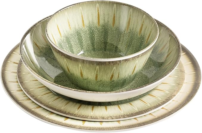 MissYip Melamine Dinnerware Set, 16 Piece for 4, Unbreakable Kitchen Plastic Plates and Bowls set, Indoor and Outdoor Use Tableware, BPA Free, Dishwasher Safe, Not Microwave, Not Oven(Green)