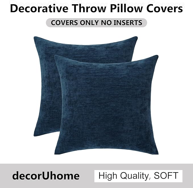 decorUhome Chenille Poseidon Throw Pillow Covers 22x22 Inch Set of 2, Decorative Soft Couch Pillow Covers Solid Dyed Accent Velvet Farmhouse Neutral Square Pillow Cases for Sofa Bed Living Room