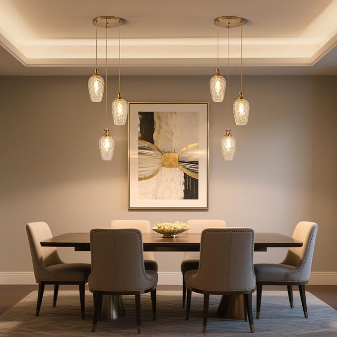3-Light Pendant Lighting, Modern Brushed Gold Dining Room Chandelier Light Fixture Over Table with Hammered Glass, Brass Cluster Hanging Lights for Kitchen Island Dining Room Bedroom, E26
