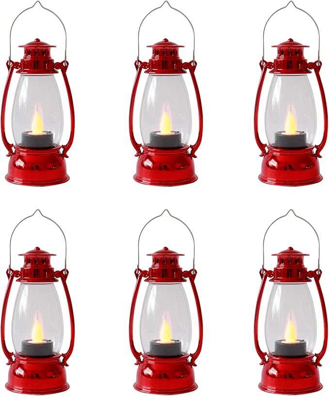 Red Mini Lanterns(12 Pcs-5.1in) with Flickering LED Candle Lights, Vintage Small Western Lanterns for Table Centerpiece, Indoor & Outdoor Christmas Tree Ornaments, Camping Party Decorations