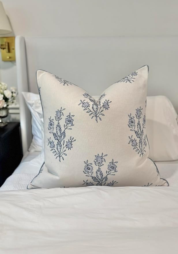 “The Mary” Periwinkle Floral Block Print Pillow Cover – Blue and Off-White Decorative Throw Pillow Cover – Grandmillennial Home Decor, 26" x 26"