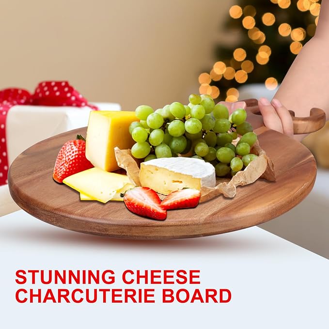 Large Round Christmas Charcuterie Boards Gifts Acacia Wood Cutting Board with Handle Decorative Wooden Xmas Cheese Board Christmas Food Platters Holiday Kitchen Decor Gifts Festive Xmas Serving Tray