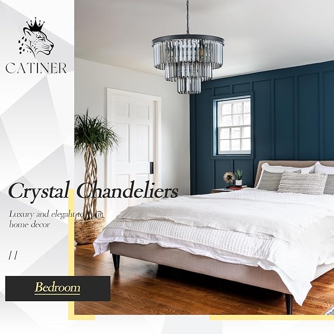 Modern Smoke Gray Crystal Chandeliers, Black 20” Round Chandelier 3 Tiers 7 Lights Luxury K9 Crystal Ceiling Pendant Light Fixture for Dining Room Foyer Bedroom Closet