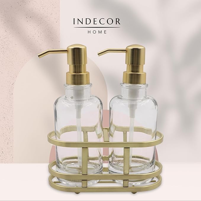 3 Piece Round Heavy Weight Glass Soap Lotion Pump Dispenser Set with Metal Caddy for Home Bath Kitchen Travel Office Hand Crafted Metal Tray Brushed Gold
