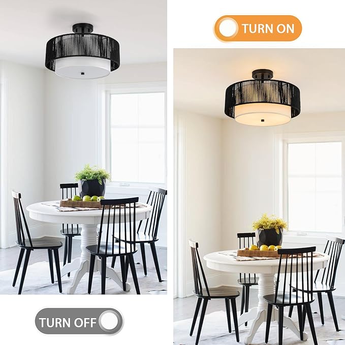 SineRise 16'' Rattan Flush Mount Ceiling Light Fixture,2-Tier Drum Hand-Woven Boho Flush Mount Ceiling Light,Farmhouse Light Fixture for Living Room,Kitchen,Bedroom Foyer Entryway ect.（Black）