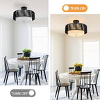 SineRise 16'' Rattan Flush Mount Ceiling Light Fixture,2-Tier Drum Hand-Woven Boho Flush Mount Ceiling Light,Farmhouse Light Fixture for Living Room,Kitchen,Bedroom Foyer Entryway ect.（Black）