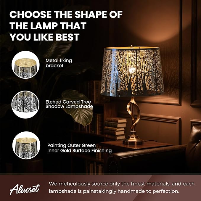 ALUCSET Stainless Steel Large Lampshade, Drum Lamp Shade 11" Top x 13" Bottom x 10" High for Table Floor Lamps, Black Polished Gold-plated Etched Forest Replacement Shade, Spider Fitter
