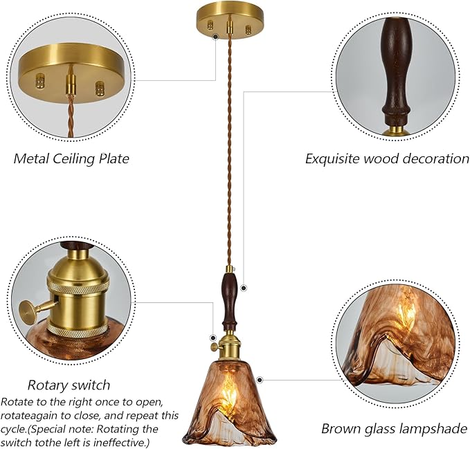 Amber Glass Vintage Pendant Light Height Adjustable Handmade Glass Pendant Lights Kitchen Island Gold Hanging Light Fixture with Wood Handle for Bedroom Dining Room Hotel (3 Pack)
