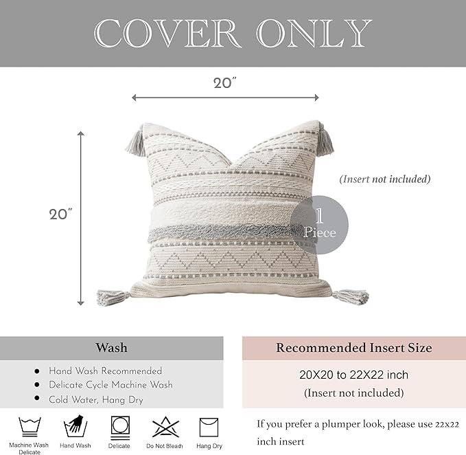 BlissBlush Gray Decorative Throw Pillow Cover 20x20 Square Boho Neutral White Accent Pillowcase Tassels Farmhouse Cushion for Couch Sofa Bedroom Living Room Home Décor (Cover ONLY, Pack of 1)