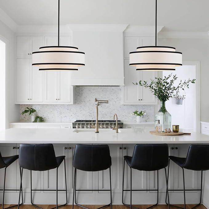 19.7" Black Drum Chandelier with White Linen Lampshade 4-Light Modern Farmhouse Chandelier Light Fixture for Dining Room, Kitchen Island, Foyer Entryway Bedroom