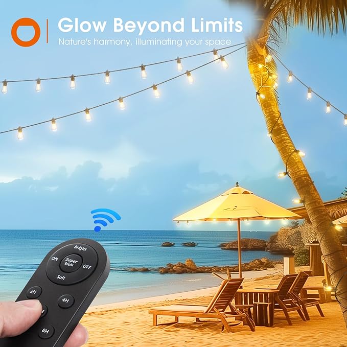 addlon 102FT(96+6) Solar String Lights Outdoor Waterproof with 6W Panel USB Charing & Remote Control Patio Lights Long Last for 20+Hrs Dimmable Solar Power LED Bulbs for Porch Garden Market Bistro