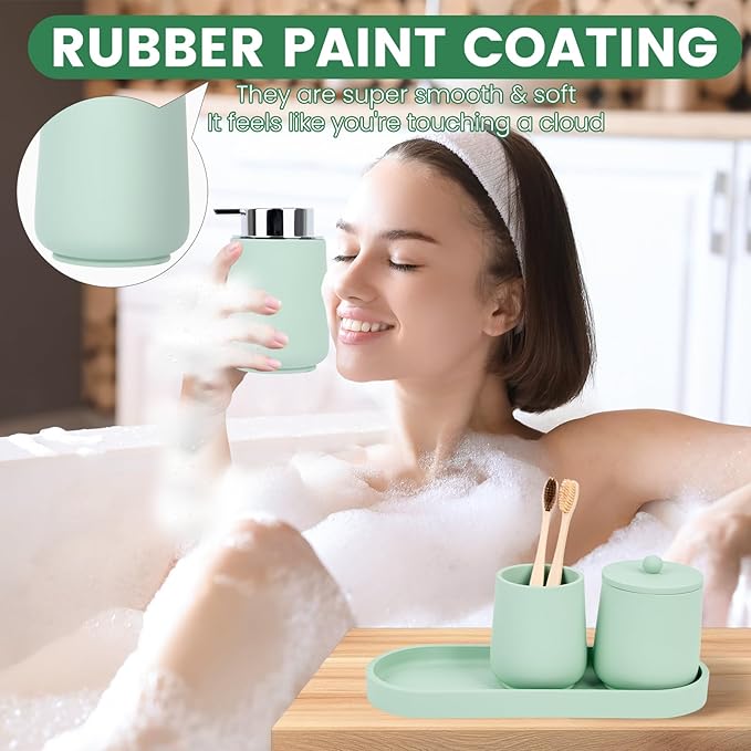 Green Bathroom Accessories Set - 4 Pcs Bathroom Accessory Set with Toothbrush Holder,Lotion Soap Dispenser,Qtip Holder Dispensr & Vanity Tray,Bathroom Countertop Vanity Oganizer - Green
