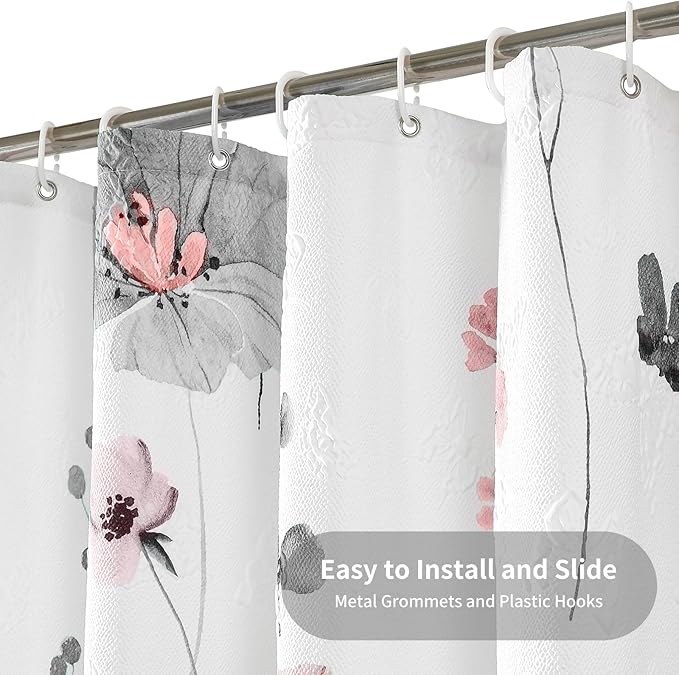 QiyI Long Shower Curtain 72 x 78, Modern Watercolor Floral Bath Curtain, 3D Embossed Texture Grey Pink Flower Cloth Bathroom Curtain, Waterproof Fabric Rustic Farmhouse Shower Curtain Set with Hooks