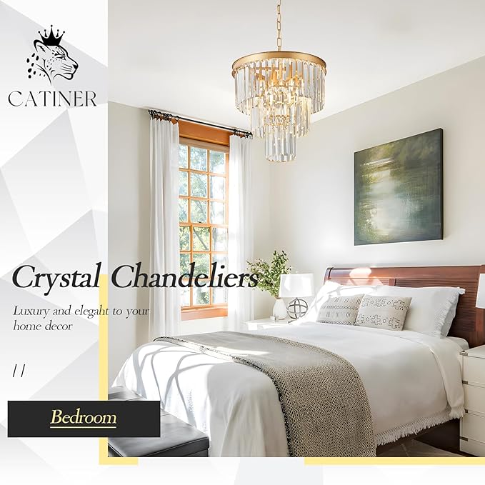 Gold Crystal Chandeliers 16" Modern 6-Light Small Pendant Light Luxury 3 Tiers K9 Crystal Ceiling Pendant Round Light Fixture for Dining Room Entryway Kitchen Bedroom Closet
