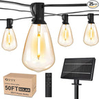 RTTY Solar String Lights Outdoor Waterpoof 50ft with 25pcs Dimmable Shatterproof ST38 Vintage Bulb,Remote Solar Powered Bistro,Cafe & Patio Lights