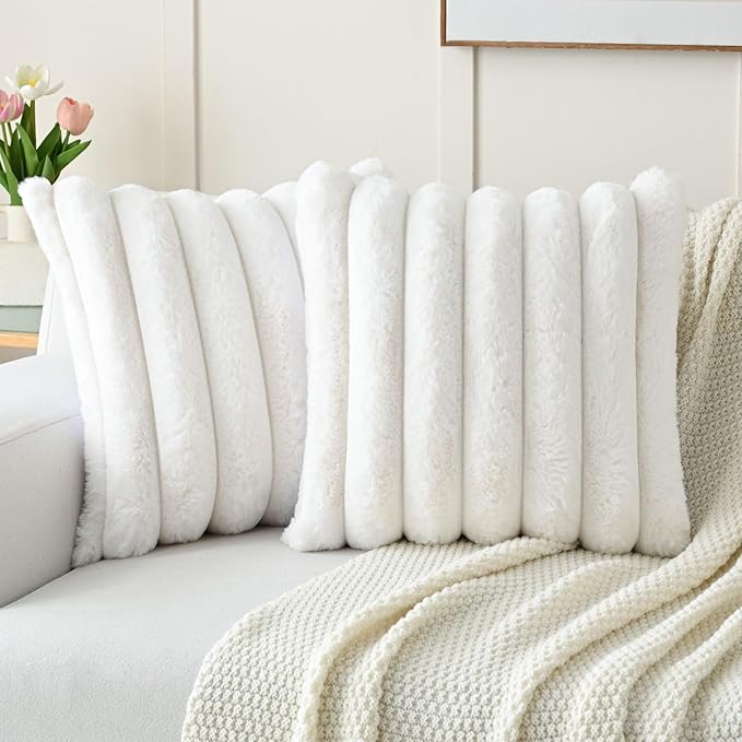 FUTEI Cream White Decorative Throw Pillow Covers 16x16 Inch Set of 2, Square Soft Faux Rabbit Fur Big Striped Cushion Cover,Home Decor for Couch Sofa Bed Living Room