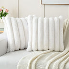 FUTEI Cream White Decorative Throw Pillow Covers 16x16 Inch Set of 2, Square Soft Faux Rabbit Fur Big Striped Cushion Cover,Home Decor for Couch Sofa Bed Living Room