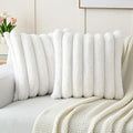 FUTEI Cream White Decorative Throw Pillow Covers 18x18 Inch Set of 2, Square Soft Faux Rabbit Fur Big Striped Cushion Cover,Home Decor for Couch Sofa Bed Living Room