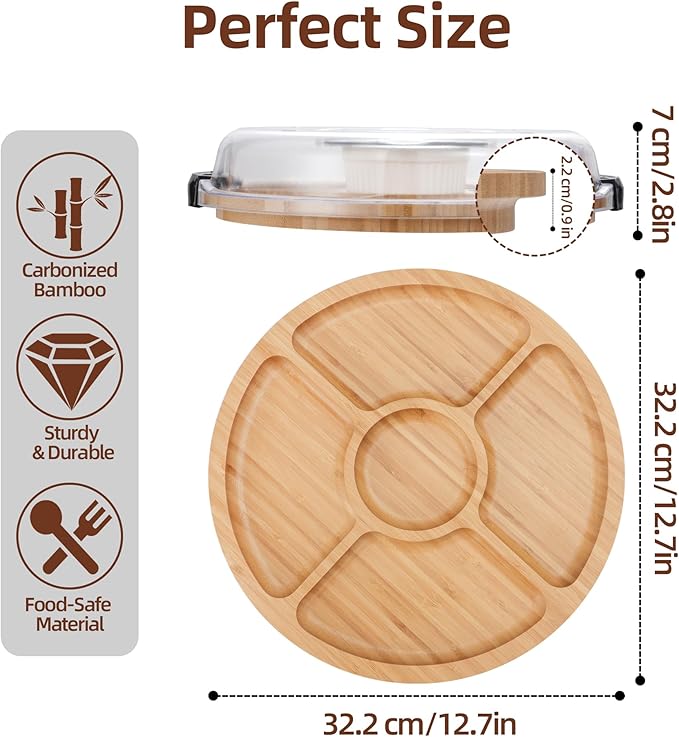 WILLKOMMEN Charcuterie Board with Lid- 5 Compartment Round Serving Tray with Handle & Locking Lid, Portable Bamboo Serving Platter, Serving Dishes for Party Picnic Cheese Snack