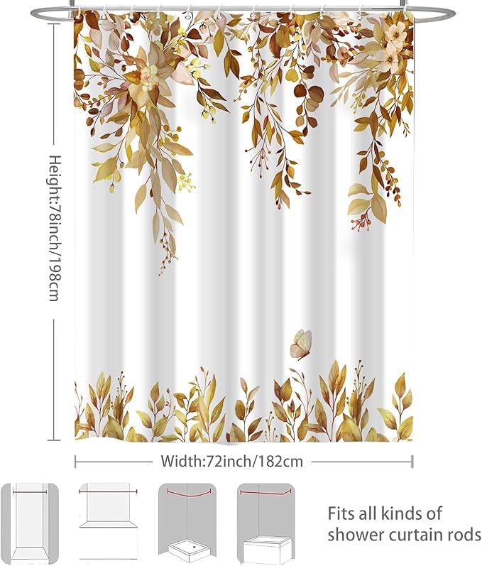 Eucalyptus Shower Curtain, Brown Watercolor Leaves with Floral Botanical Bathroom Decor, Waterproof Fabric Bath Curtain Set with Hooks, 72x78 Inches