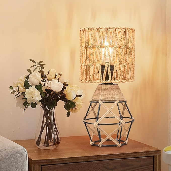 Hamilyeah Boho Table Lamps Set of 2, Industrial Bedside Lamps with Woven Shade, Farmhouse Lamps for Night Stands with On/Off Switch, Modern Simple Desk Lamps for Bedroom, Living Room, Office