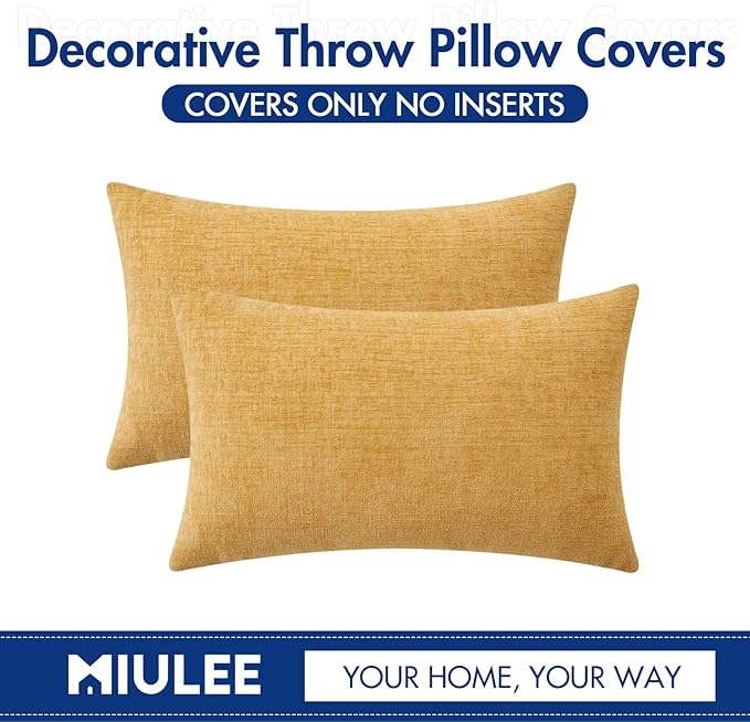 MIULEE Pack of 2 Couch Throw Pillow Covers 12x20 Inch Soft Gold Chenille Pillow Covers for Sofa Living Room Solid Dyed Pillow Cases
