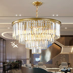 Gold Modern Crystal Chandelier, 4-Tier Round Flush Mount Ceiling Light Fixtures Height Adjustable Pendant Lighting for Dining Room Living Room Bedroom Kitchen Hotel Foyer