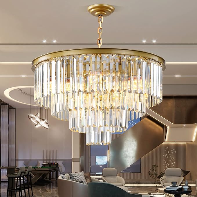 Gold Modern Crystal Chandelier, 4-Tier Round Flush Mount Ceiling Light Fixtures Height Adjustable Pendant Lighting for Dining Room Living Room Bedroom Kitchen Hotel Foyer