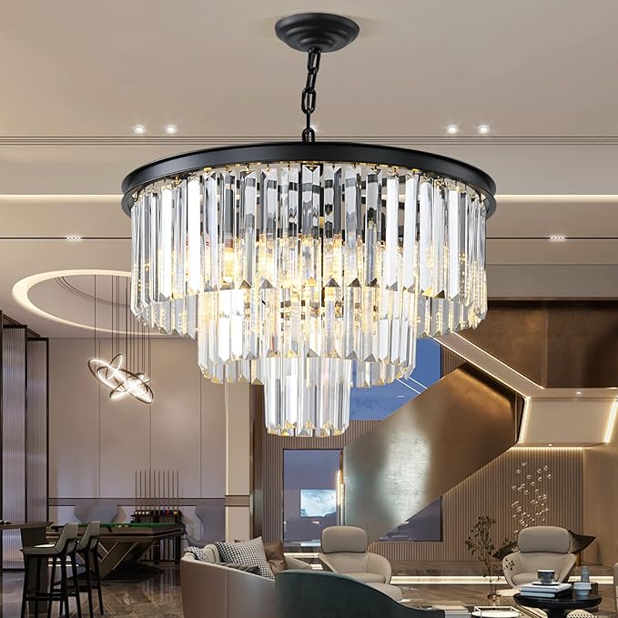 Black Modern Crystal Chandelier, 3-Tier Round Flush Mount Ceiling Light Fixtures Height Adjustable Pendant Lighting for Dining Room Living Room Bedroom Kitchen Hotel Foyer