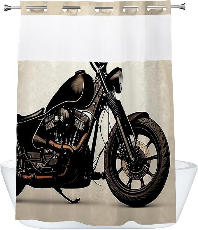 Cool Man Theme Motorcycle Shower Curtain with Snap in Fabric Liner Set, Detachable Liner, See Through Mesh Top Window, Waterproof Washable 72" W x 74" H Black and White