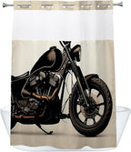 Cool Man Theme Motorcycle Shower Curtain with Snap in Fabric Liner Set, Detachable Liner, See Through Mesh Top Window, Waterproof Washable 72" W x 74" H Black and White