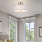 XiNBEi Lighting Semi Flush Mount Ceiling Light, 14" Drum Light Fixture with Grey Fabric Shade, 3-Light Brushed Nickel Ceiling Lamp for Bedroom Living Room Kitchen Hallway