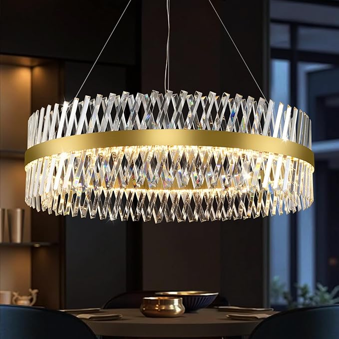 Modern Crystal Chandeliers for Living Room, 40 Inch Large Gold Crystal Chandeliers for Dining Room, Luxury LED Round Foyer Chandelier for High Ceiling Entryway Brass Chandelier Pendant Ceiling Light