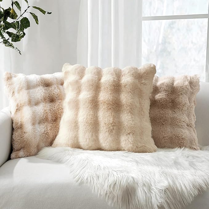 MIULEE Pack of 2 Decorative Pillow Covers Thick Soft Plush Faux Fur Throw Pillows Luxury Home Decor for Couch Bedroom Living Room Sofa,18x18 Inch Beige