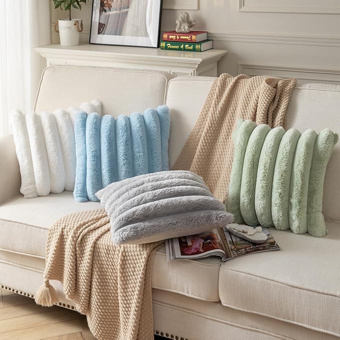 Faux Fur Plush Throw Pillow Covers 24x24 Inch Set of 2 - Luxury Decorative Fuzzy Striped Soft Cozy Pillowcase for Couch, Sofa, Living Room - Light Grey