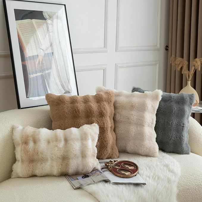 MANDIOO Pack of 2 Thick Plush Wool Decorative Throw Pillow Covers Super Soft Wave Bubble Fur Velvet Cushion Covers Pillow Shams for Couch Bed Living Room 22x22 Inch White Beige
