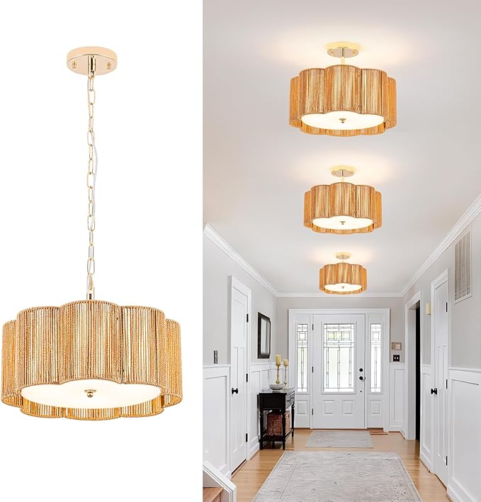 Plum Linear Weave Rattan Ceiling Light & Chandelier (16.5'' 4-Light) Flush Mount Flush E26 & 3D Woven Fireproof PC Panels for Scandinavian Dining Rooms & Modern Farmhouse Kitchen Islands