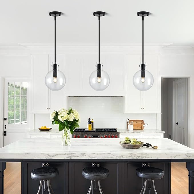 Black Pendant Lights Kitchen Island, 1-Light 8" Large Globe Glass Hanging Light Fixtures with Clear Glass, Modern Kitchen Pendant Lighting Over Island for Sink Bathroom, OS-JJ528-1PBK
