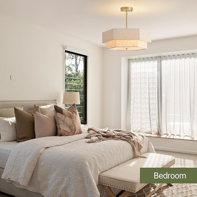 17.7" Modern Chandeliers for Dining Room, 3-Light Ceiling Pendant Light Gold Bedroom Light Fixture with 2-Layer Linen Drum Shade, Vintage Brass Chandelier for Kitchen Entryway Living Room