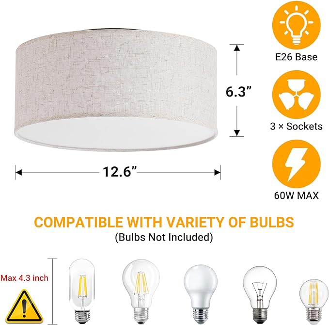 12.6" Modern Close to Ceiling Light with Linen Fabric Drum Shade,3-Light Semi Flush Mount Ceiling Light Fixture,Drum Light Fixtures Ceiling Mount for Kitchen, Bedroom, Bathroom, Living Room, Hallway