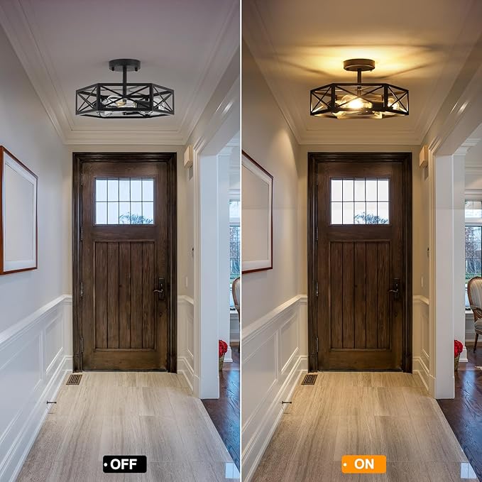 Black Semi Flush Mount Ceiling Light, Farmhouse Hallway Light Fixtures Ceiling Mount, 3 Light Industrial Close to Ceiling Lights with Metal Hexagon Cage for Kitchen, Hallway, Entryway, Bedroom