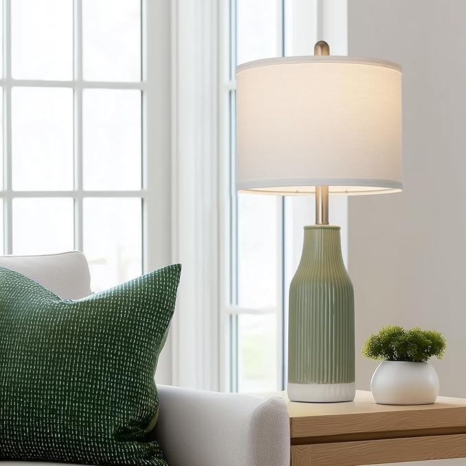24.5″ Ceramic Table Lamps Set of 2, Modern Farmhouse Bedside Lamps for Bedroom Nightstand, Small Light Green Lamp for Living Room End Table (2 LED Bulbs Included)