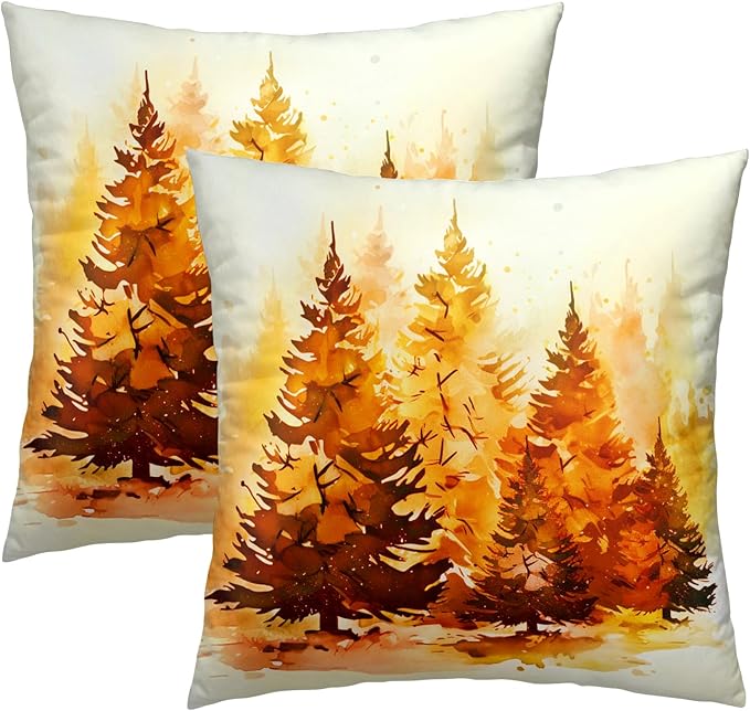Fall Throw Pillow Covers 16x16 Pack of 2, Orange Nature Pine Forest Autumn Season Decorative Farmhouse Pillow Cases Cotton Linen Cushion Cover for Home Living Room Bed Sofa Car