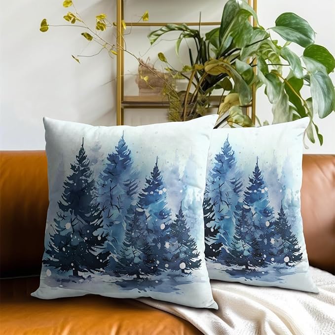 Blue Forest Throw Pillow Covers 22x22 Set of 2,Xmas Trees Rustic Style Natural Winter Holiday Decorative Pillowcases Cotton Cushion Cover for Couch Sofa Farmhouse Home Decor