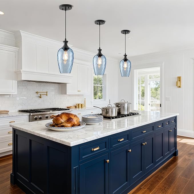 Glass Pendant Lights Kitchen Island, 1-Light Blue Pendant Light Fixtures with Hammered Glass, Modern Farmhouse Hanging Light for Kitchen Sink Dining Room Bedroom, E26
